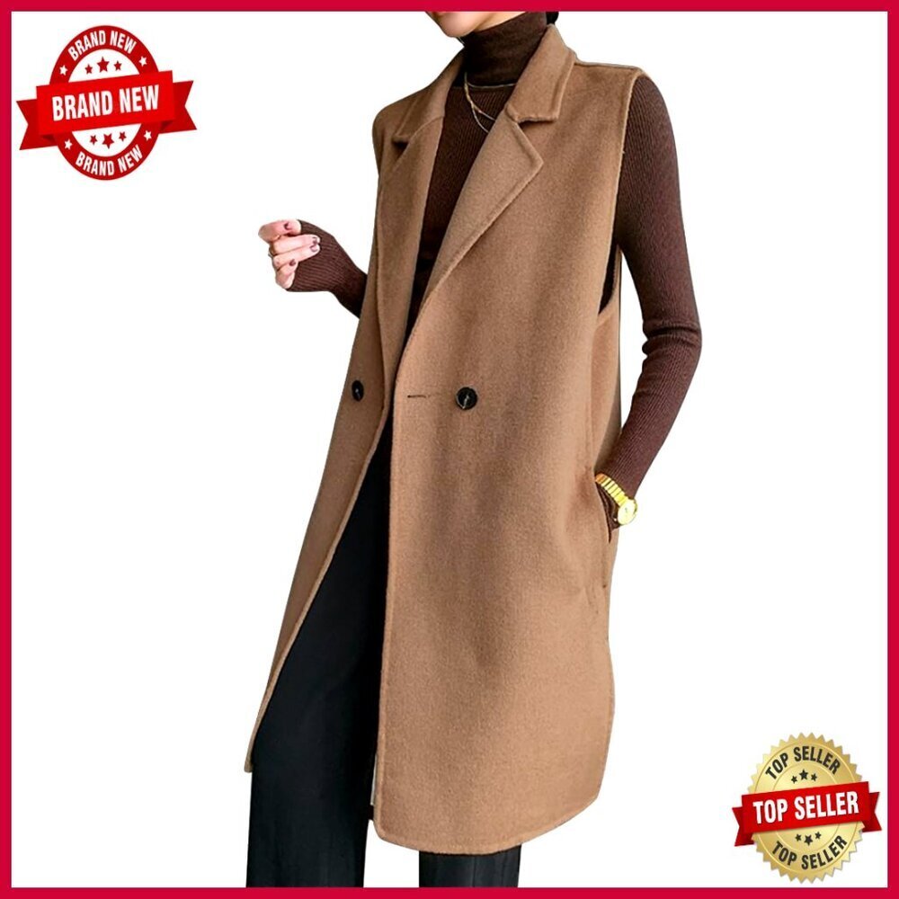 Long Wool Vest Sleeveless Blazer Jacket Fall Winter Overcoat Regular Fit